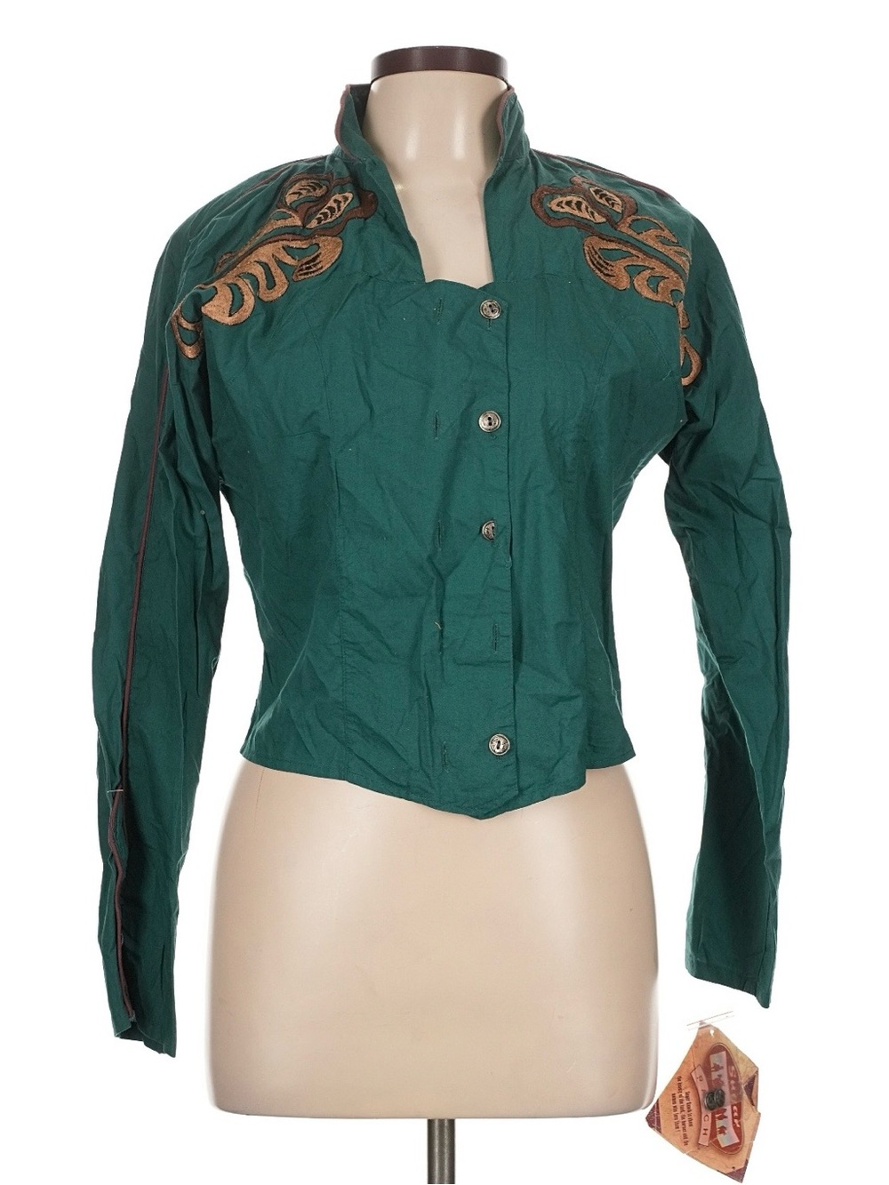 Women's Vintage Western Green Embroidered Utility Jacket with Stand Collar